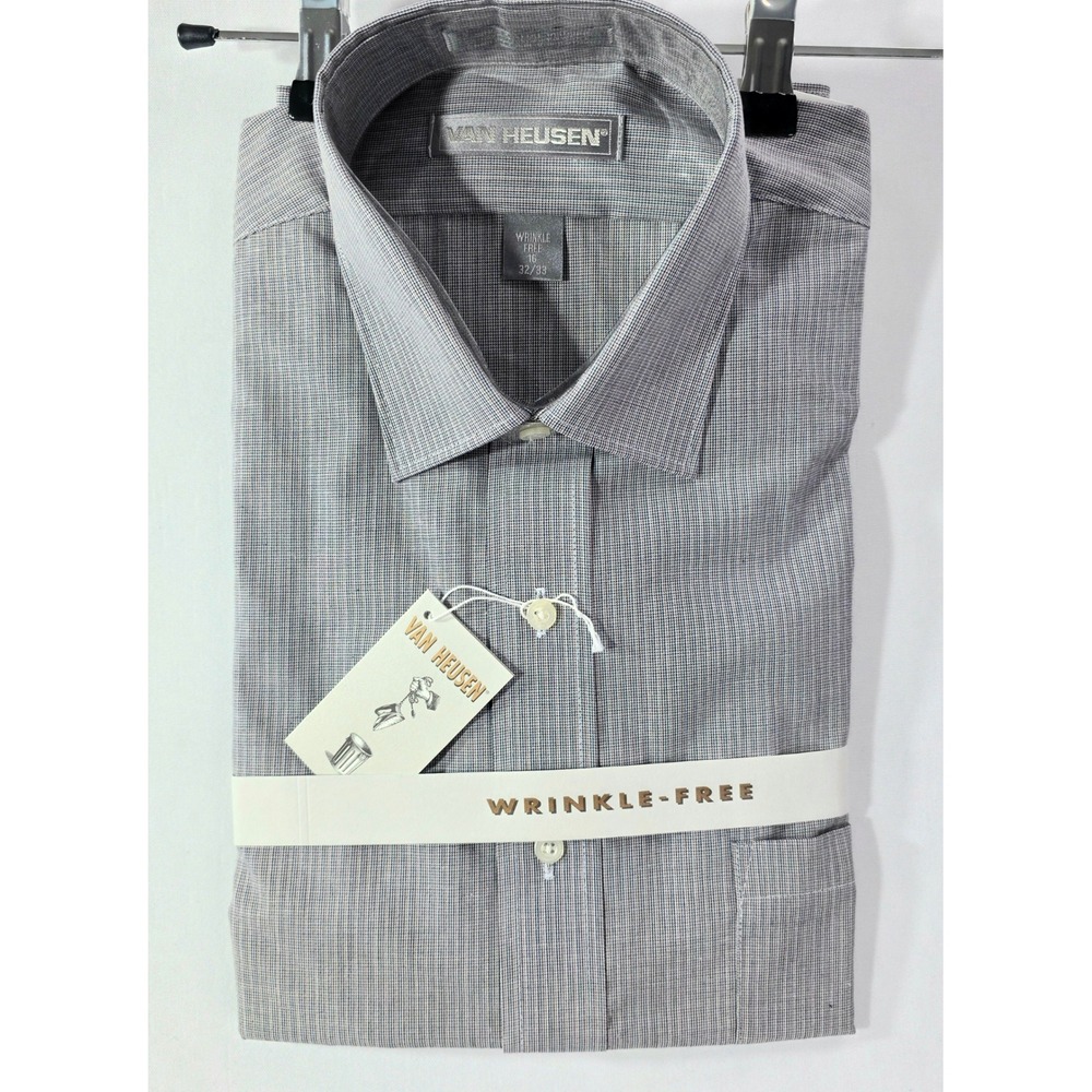 Van Heusen Mens Gray Burgundy Micro Check Wrinkle Free Dress Shirt 16 32/33 NWT